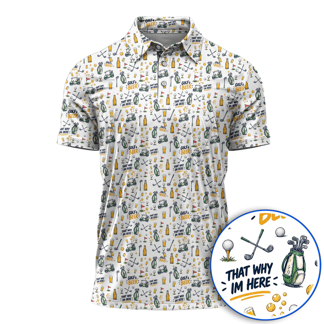 Funny Golf & Beer Shirt, Golf Cart And Beer Pattern Golf Polos, That’s Why I’m Here Golf Gift For Golfer