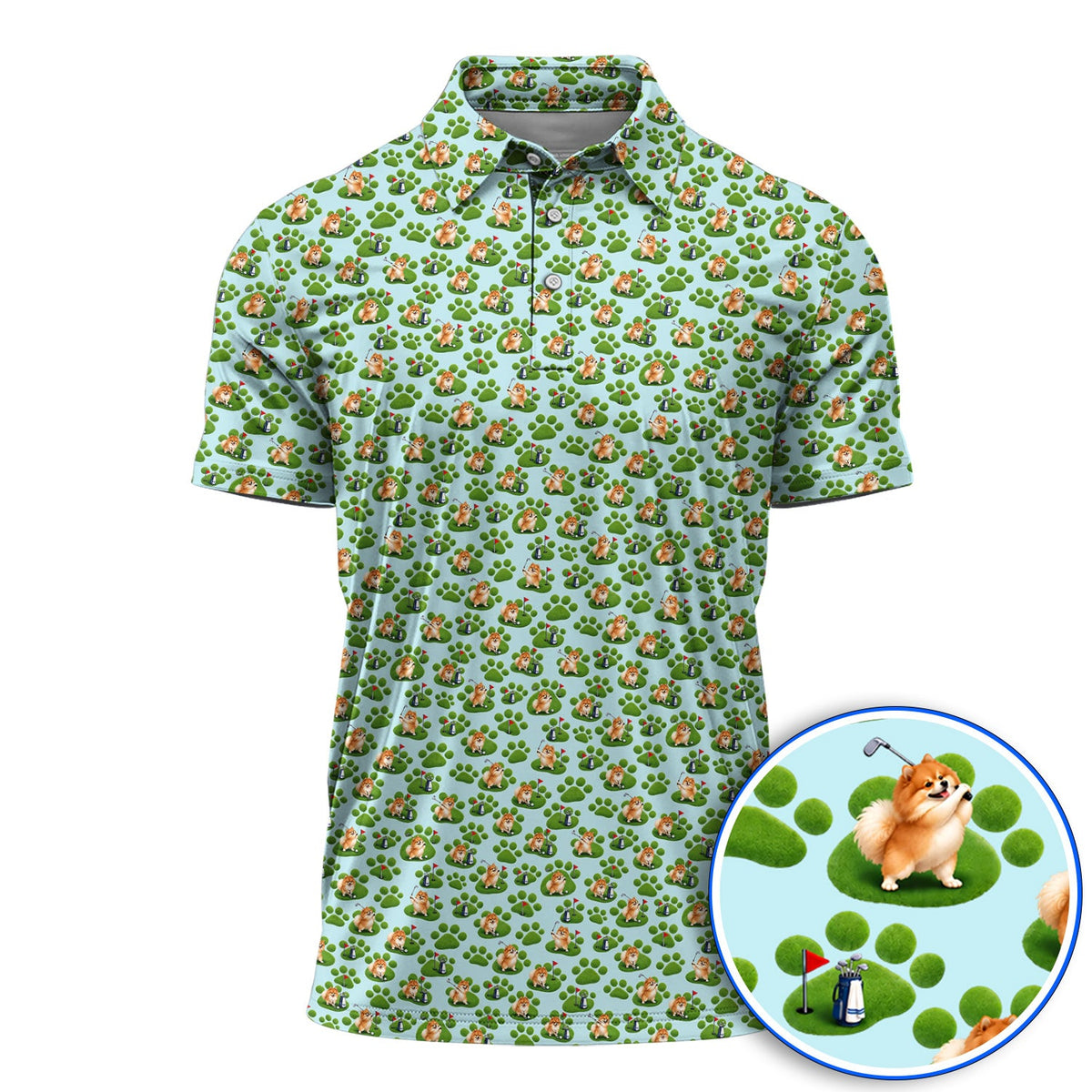 Pomeranian Paw Pattern Golf Polos, Cute Fluffy Pom Dog Pattern Golf Shirt, Crazy Golf Gift For Golfers