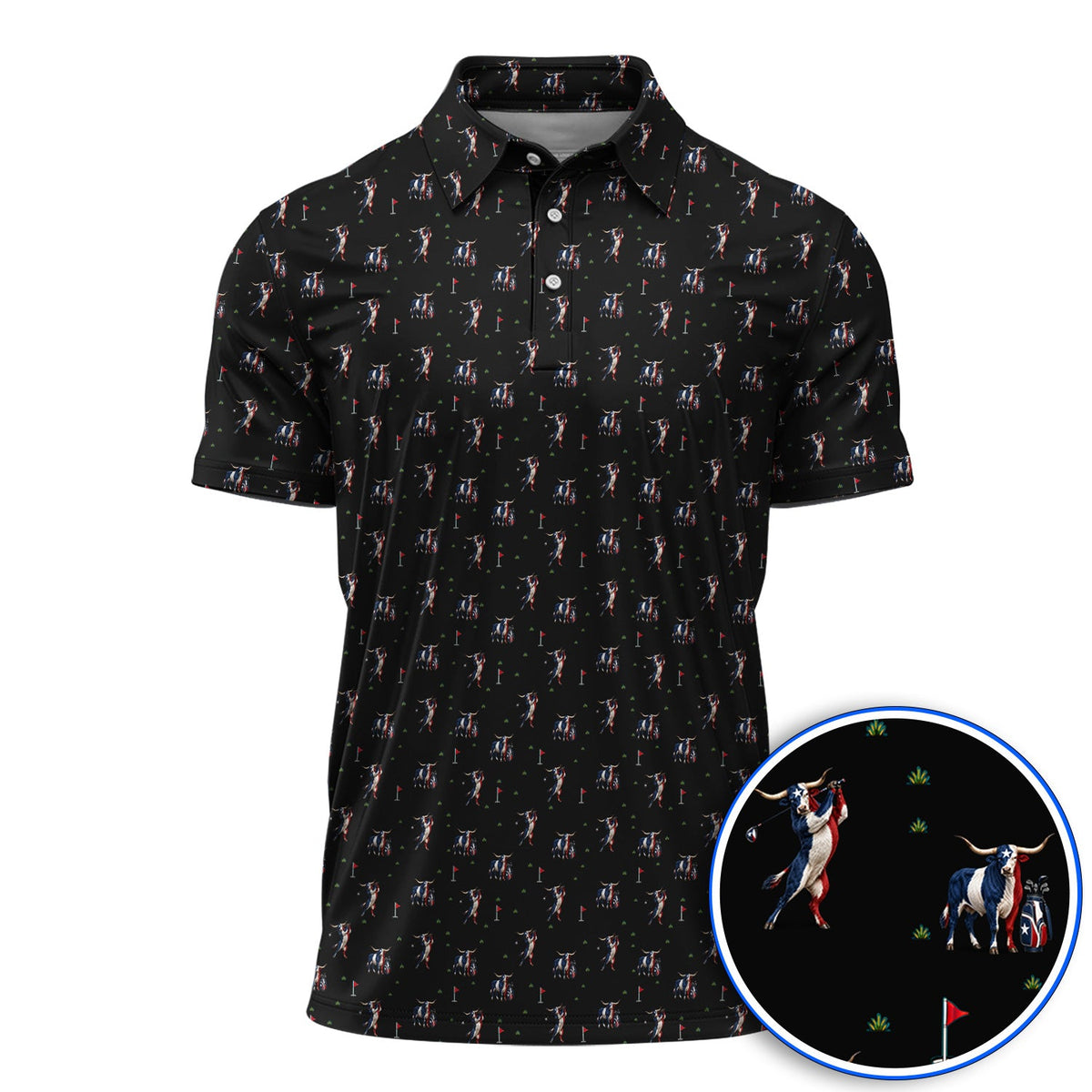 Texas Longhorn Pattern Golf Polos, Patriotic Bull Golf Shirt, Unique Texas Golf Gift For Golfer