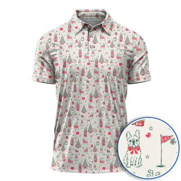 French Bulldog Christmas Golf Polos, Festive Dog Golf Pattern Shirt, Funny Xmas Golf Gift for Golfers