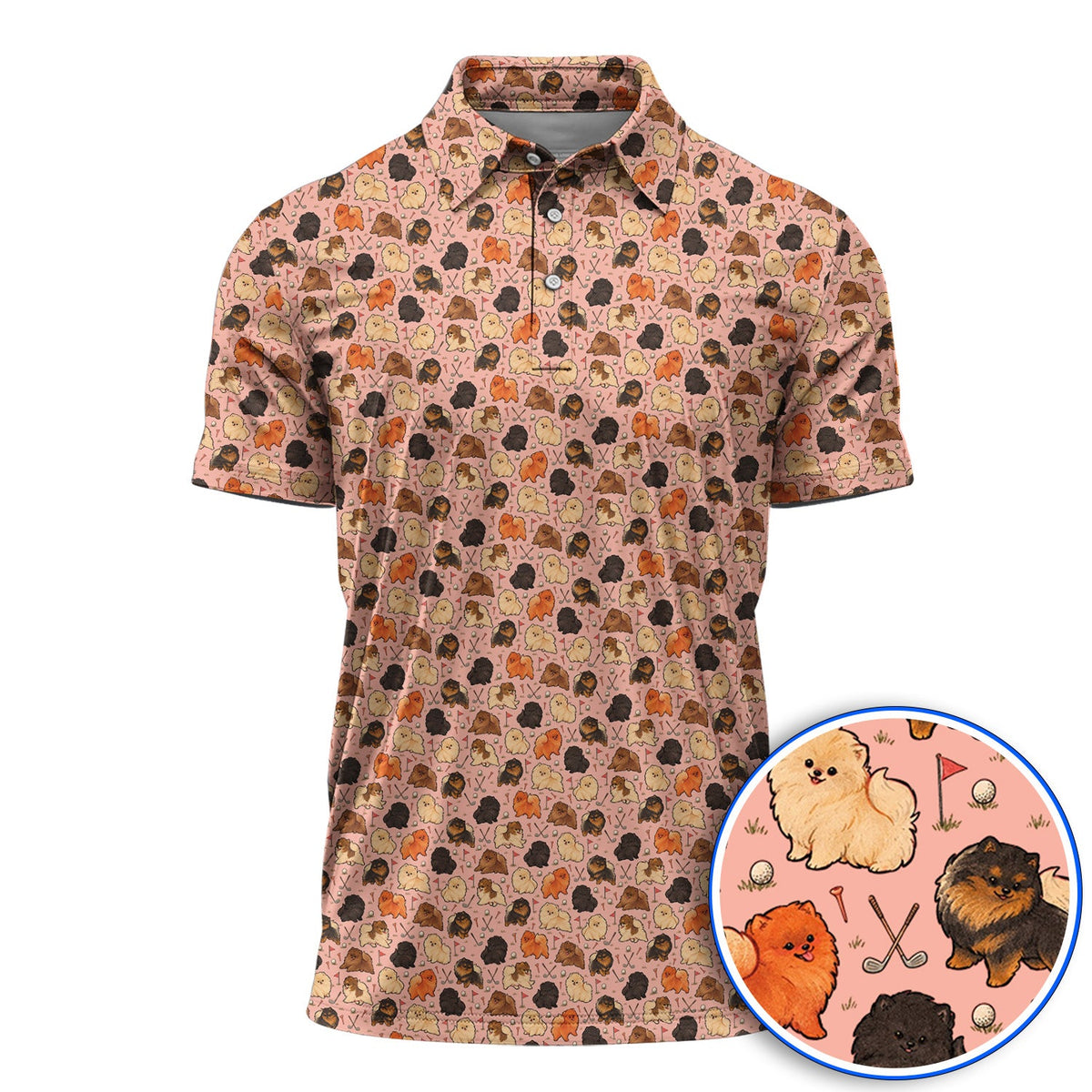 Funny Pomeranian Golf Polos, Pom Dog & Golf Pattern Shirt, Golf Gift For Golfer