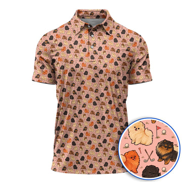 Funny Pomeranian Golf Polos, Pom Dog & Golf Pattern Shirt, Golf Gift For Golfer