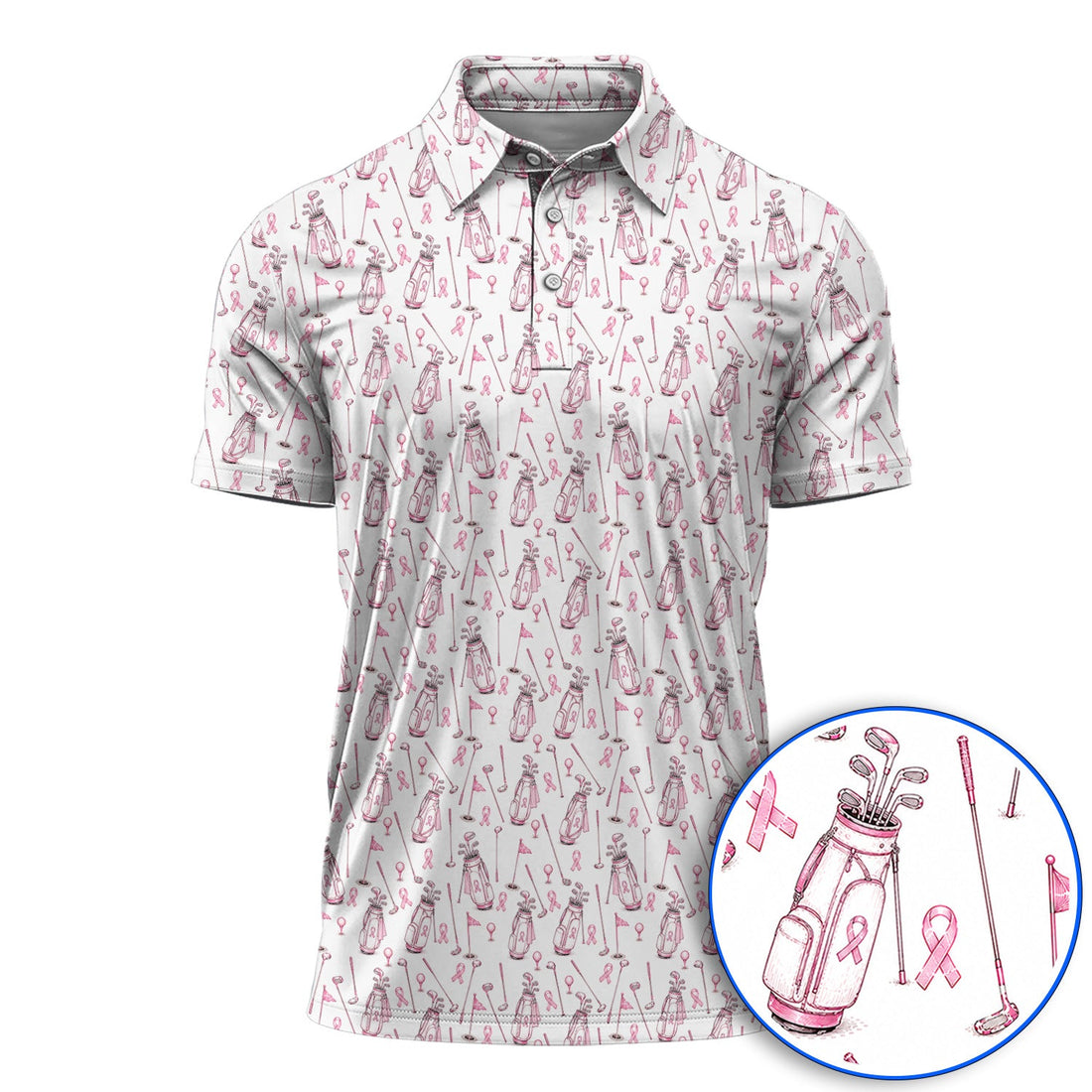 Breast Cancer Pattern Golf Shirt, Pink Ribbon Golf Polos for Golf Lovers, Support Breast Cancer Awareness Gift
