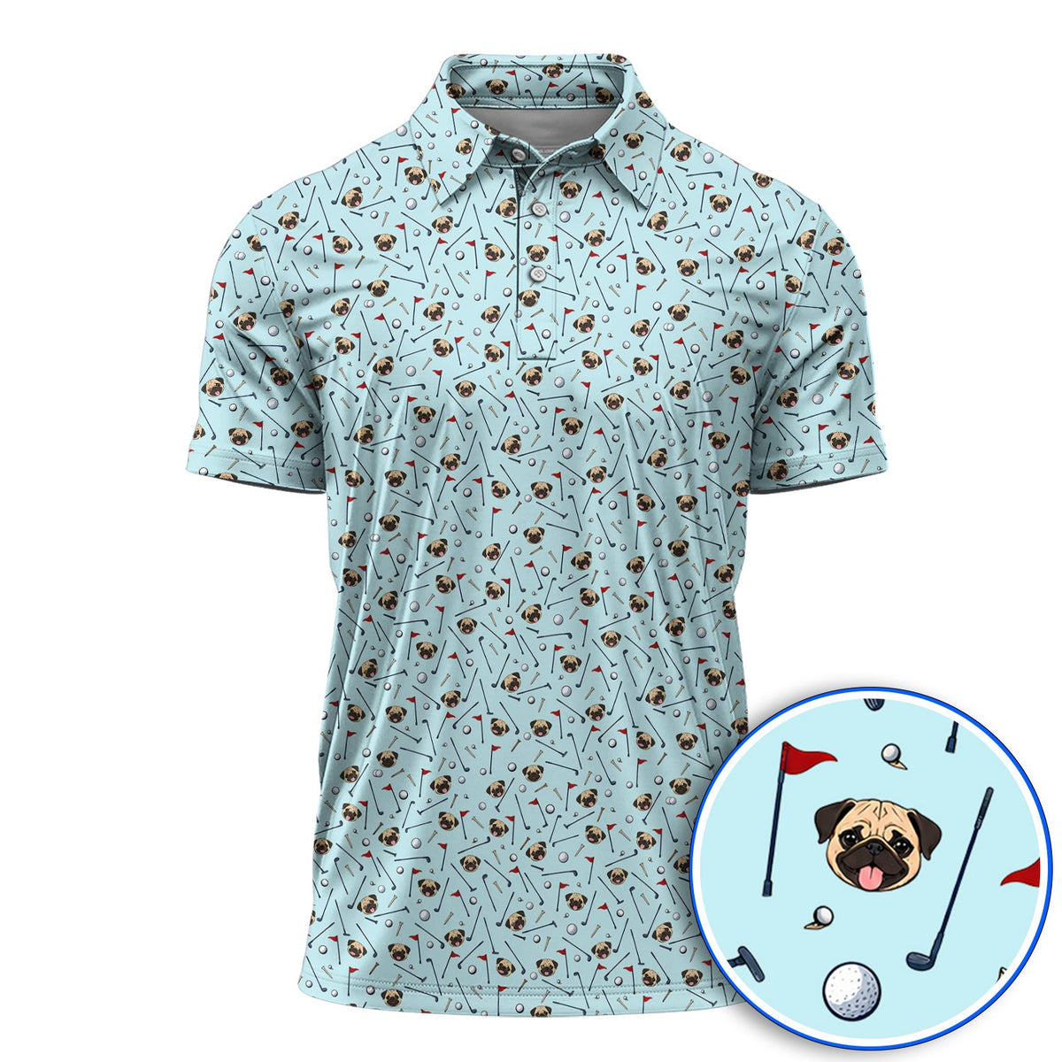 Pug Pattern Golf Polos, Pug Golf Shirt For Dog Lovers, Crazy Golf Gift For Golfers