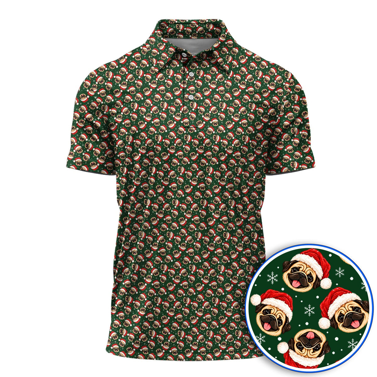 Funny Christmas Pug Golf Polos, Pug Pattern Golf Shirt For Dog Lovers, Xmas Golf Gift For Golfers