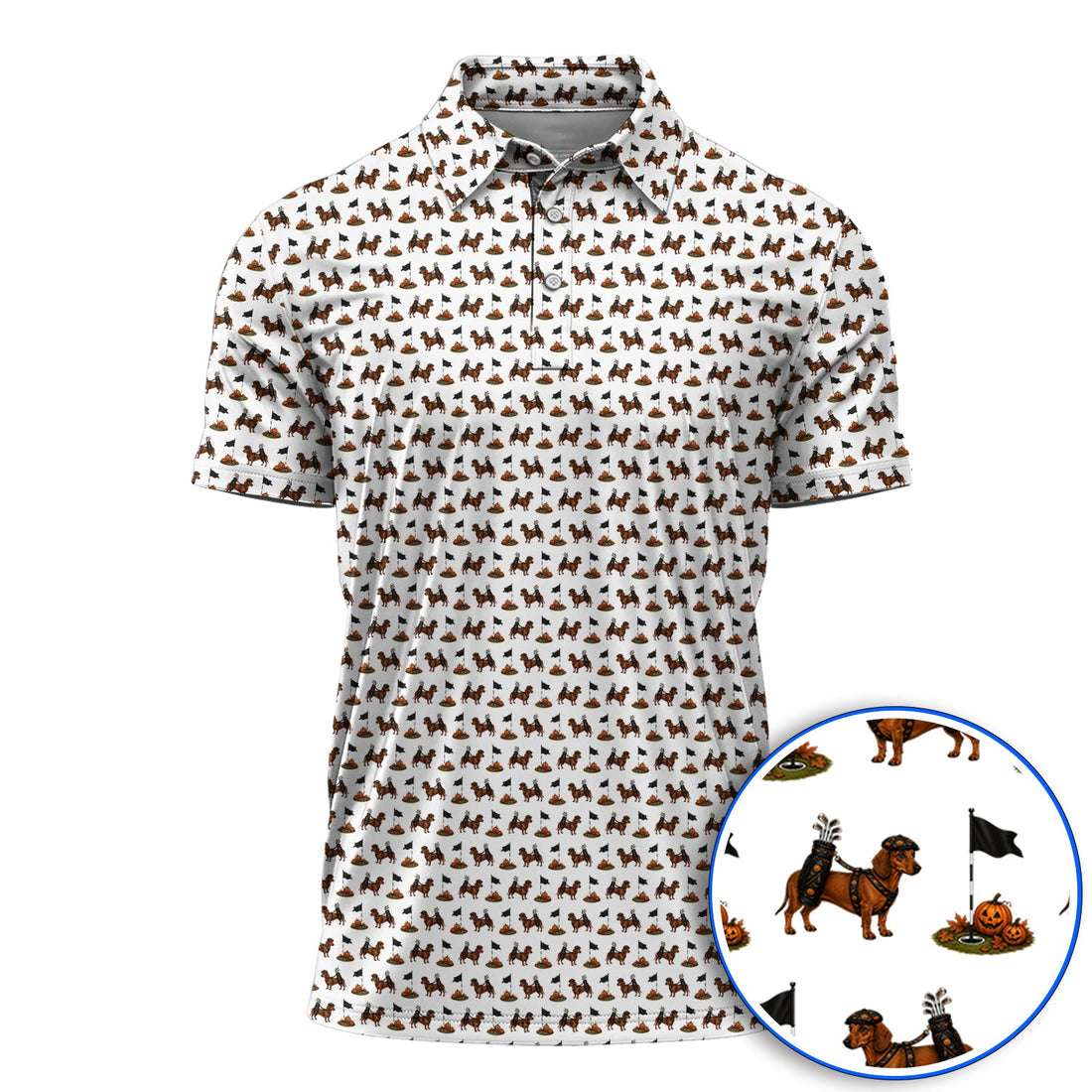 Funny Dachshund Golf Shirt, Halloween Wiener Dog Pattern Golf Polos, Golf Gift for Golfer