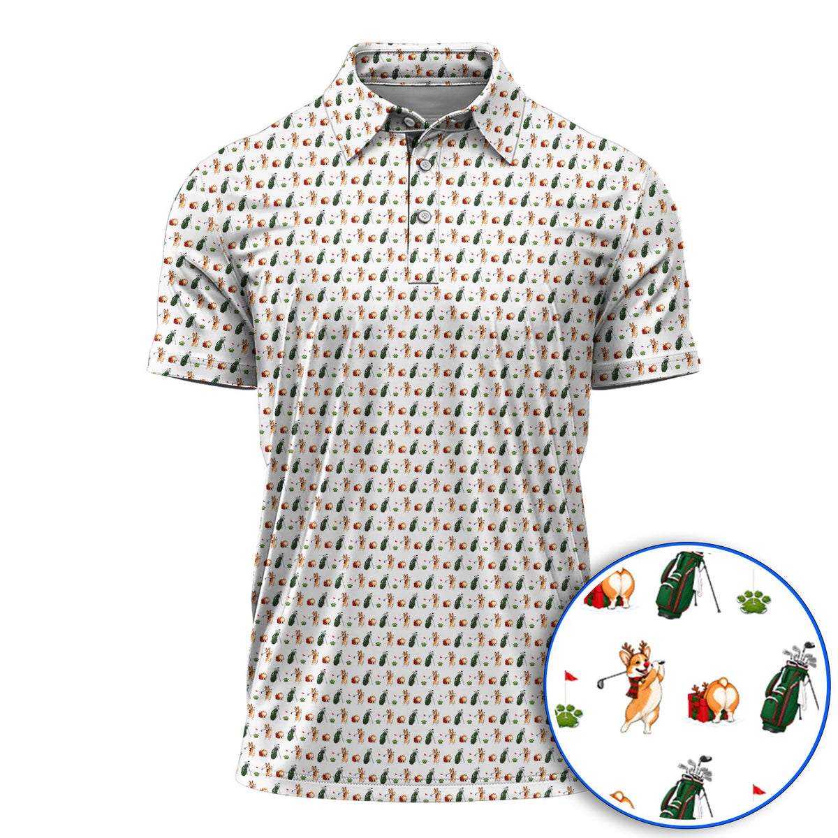 Funny Corgi Christmas Golf Polos, Xmas Corgi Pattern Golf Shirt, Golf Gift For Golfers