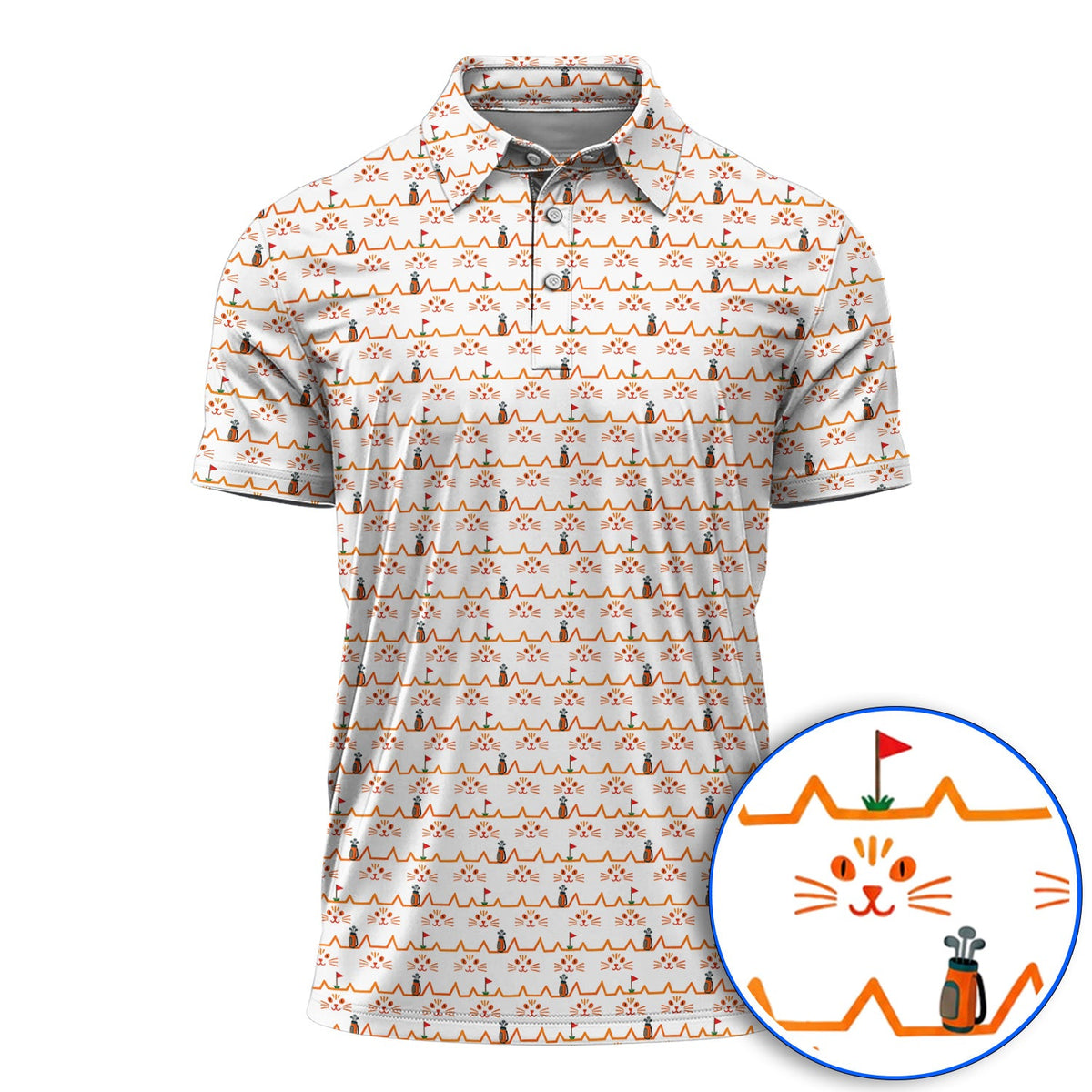 Cat Lover Golf Shirt, Turquoise Cat Face & Golf Bag Pattern Golf Polos, Funny Kitty Golf Gift for Golfers