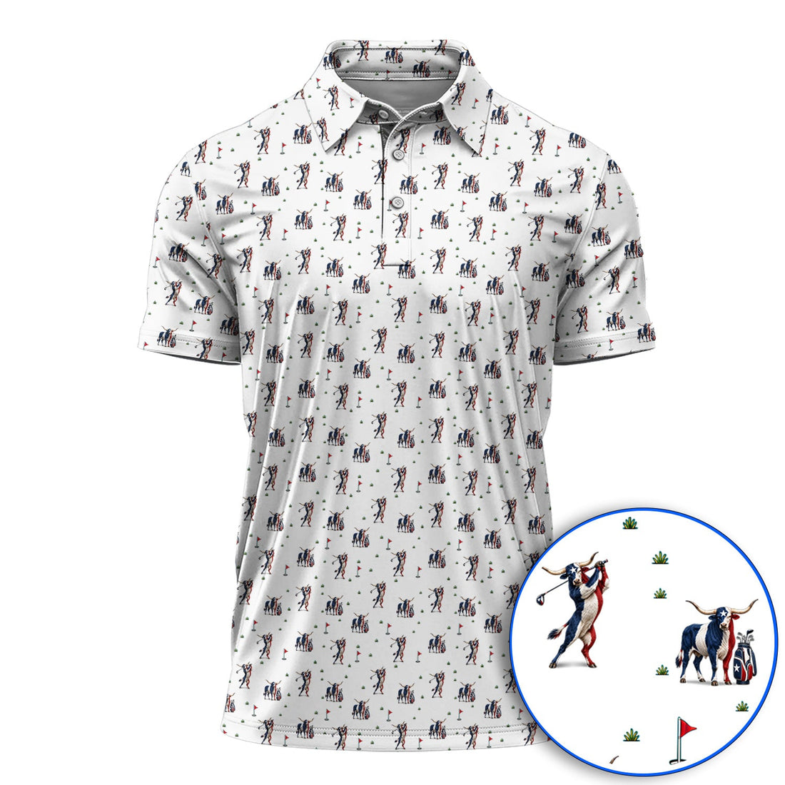 Texas Longhorn Pattern Golf Polos, Patriotic Bull Golf Shirt, Unique Texas Golf Gift For Golfer