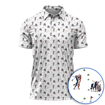 Texas Longhorn Pattern Golf Polos, Patriotic Bull Golf Shirt, Unique Texas Golf Gift For Golfer