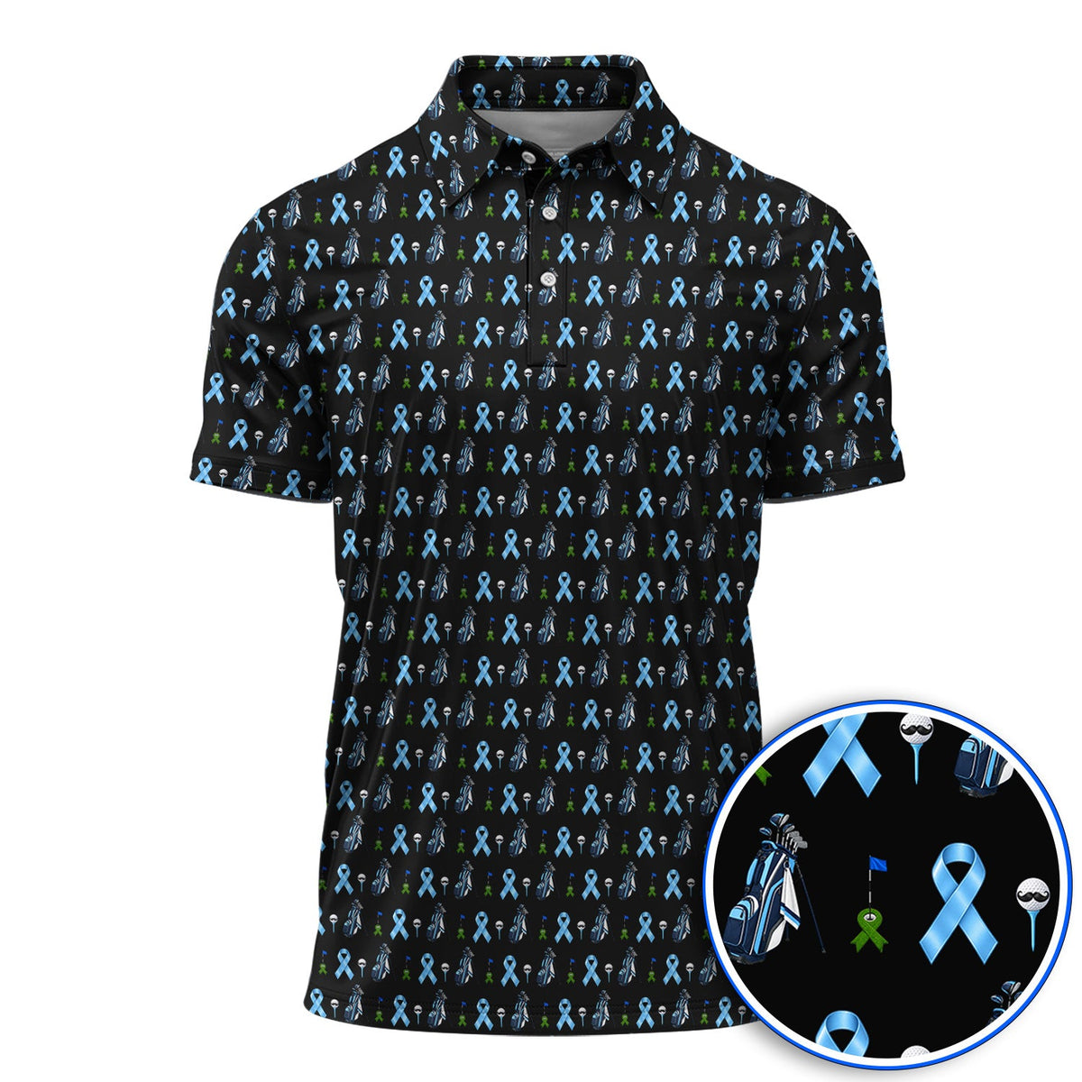 Prostate Cancer Awareness Golf Polos, Blue Ribbon Golf Pattern Shirt, Prostate Cancer Support Gift for Golfers