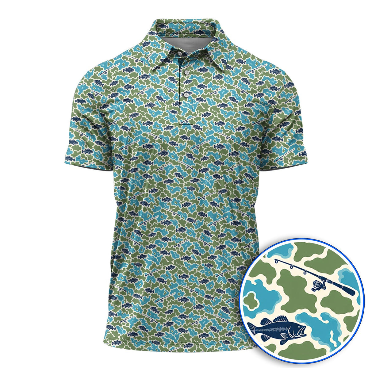 Bass Fishing Camo Golf Polos, Camouflage Pattern Golf Shirt, Crazy Golf Gift For Golfer