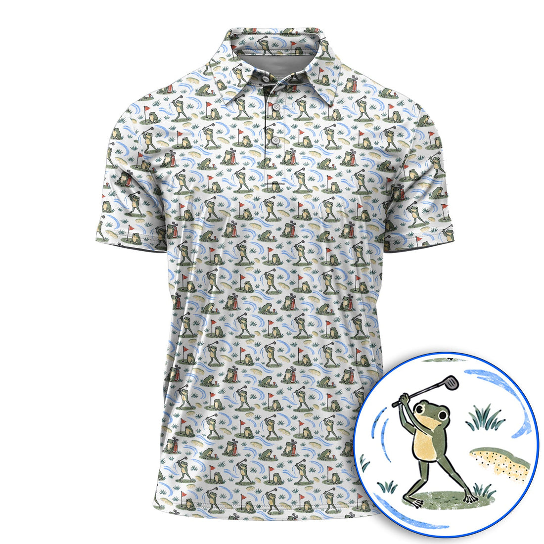 Playful Frog Golf Shirt, Vintage Frog Golf Pattern Polos, Golf Gift For Golf Lovers