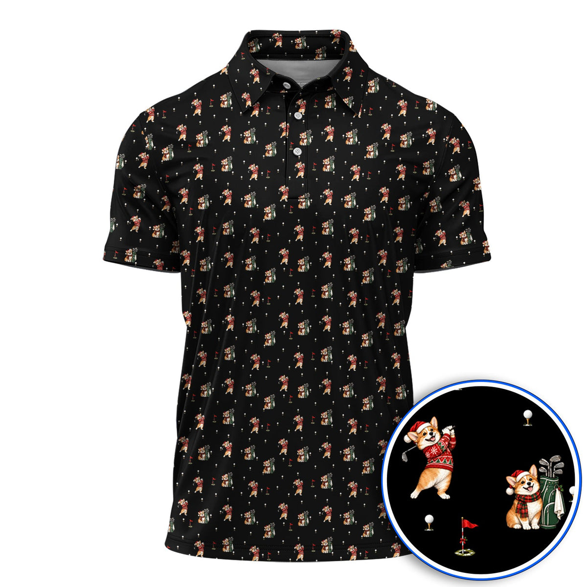 Crazy Corgi Christmas Golf Polos, Xmas Corgi Pattern Golf Shirt, Golf Gift For Golfers