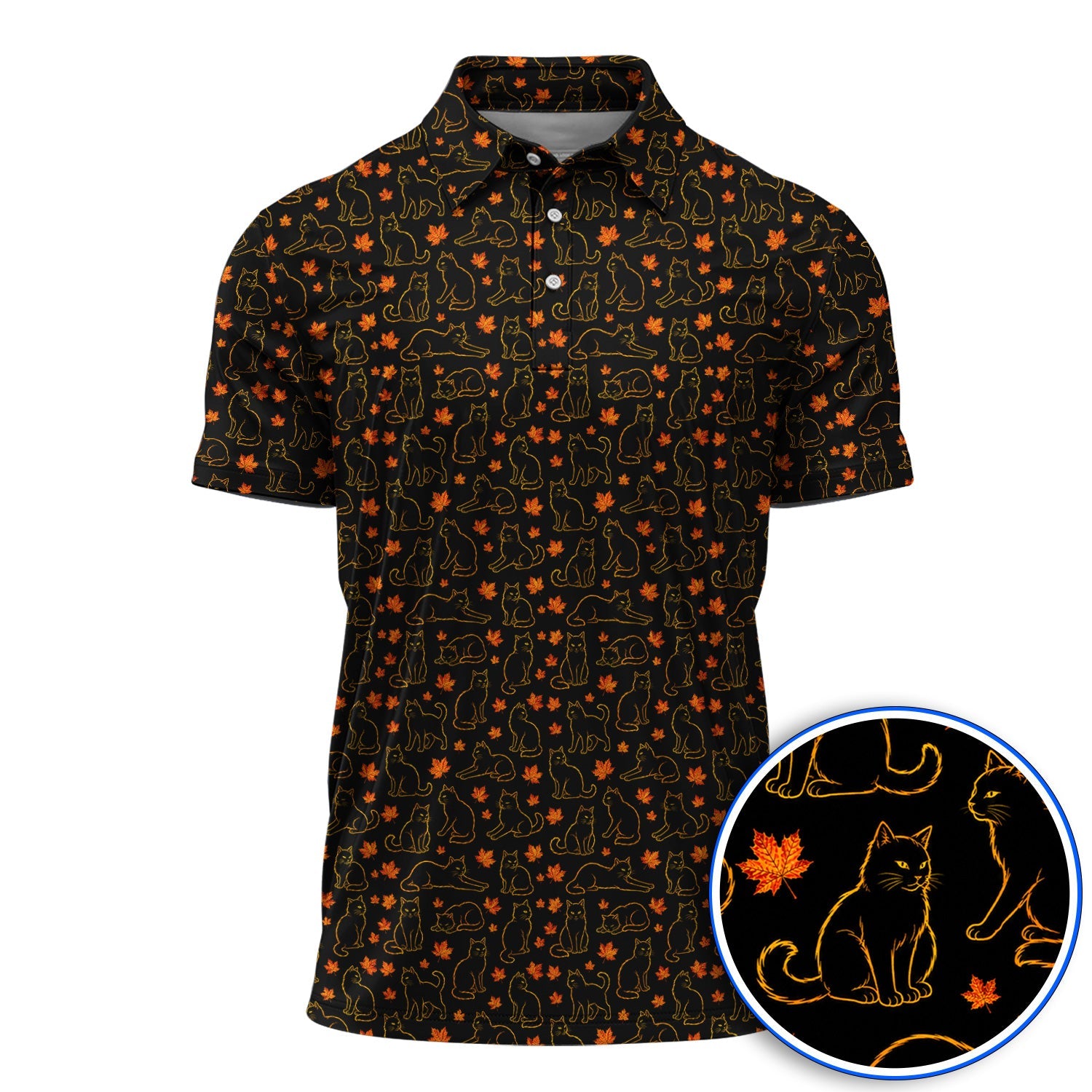 Autumn Black Longhair Cat Golf Polos, Black Longhair Cat Pattern Golf Shirt, Cat Lovers Golf Gift