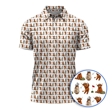 Funny Highland Cow Golf Polos, Highland Cow Pattern Golf Shirt, Golf Gift For Golfer