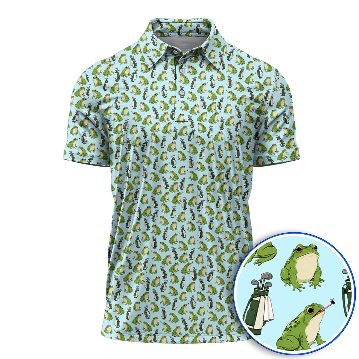 Cute Frog Golf Polos, Playful Frog & Golf Bag Pattern Shirt, Funny Golf Gift For Frog Lovers
