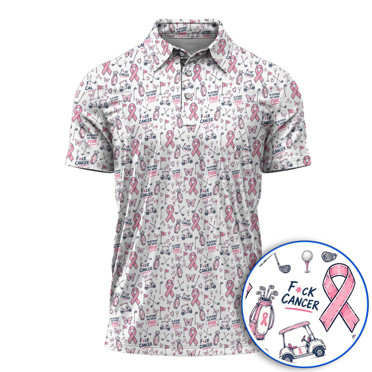 Fight Cancer Golf Shirt, Pink Ribbon Golf Cart Pattern Polos, Breast Cancer Awareness Gift for Golfers