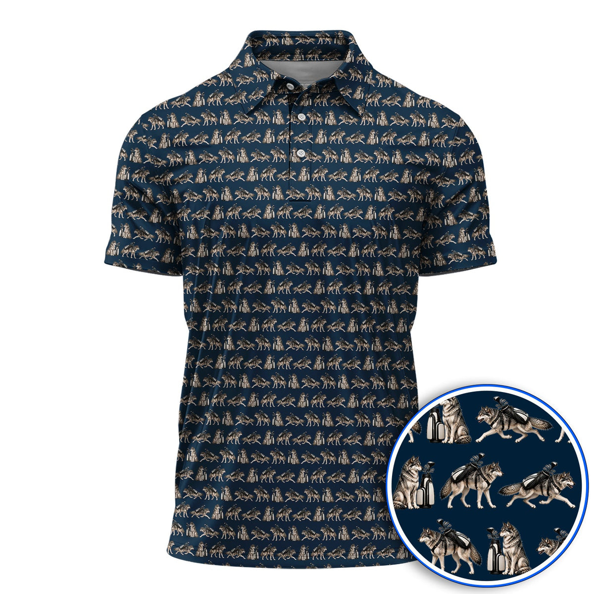 Wolf Golf Pattern Polos, Wild Wolf Golfing Shirt, Unique Wolf Golf Gift for Golfers