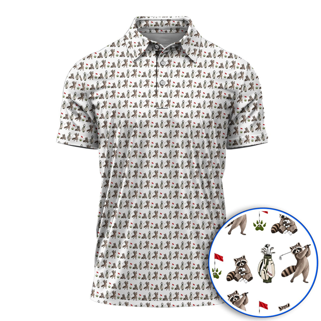 Raccoon Golf Pattern Polos, Funny Raccoon Golf Shirt, Woodland Golf Gift For Golfers