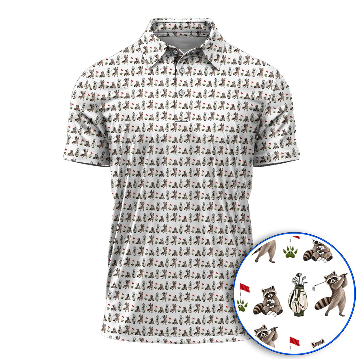 Raccoon Golf Pattern Polos, Funny Raccoon Golf Shirt, Woodland Golf Gift For Golfers
