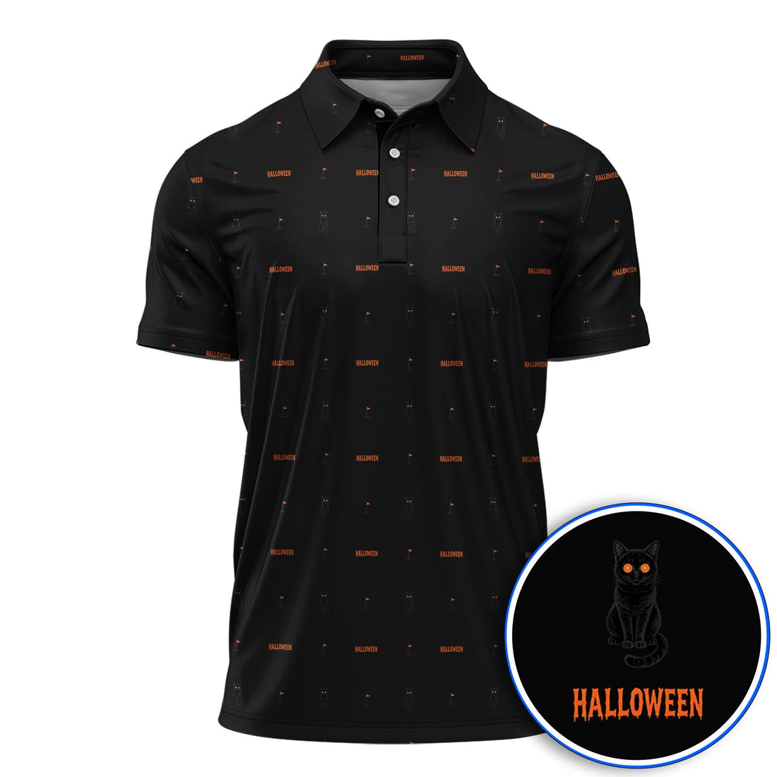 Black Cat Halloween Golf Polos, Spooky Cat Pattern Golf Shirt for Halloween Lovers, Funny Golf Gift for Golfers