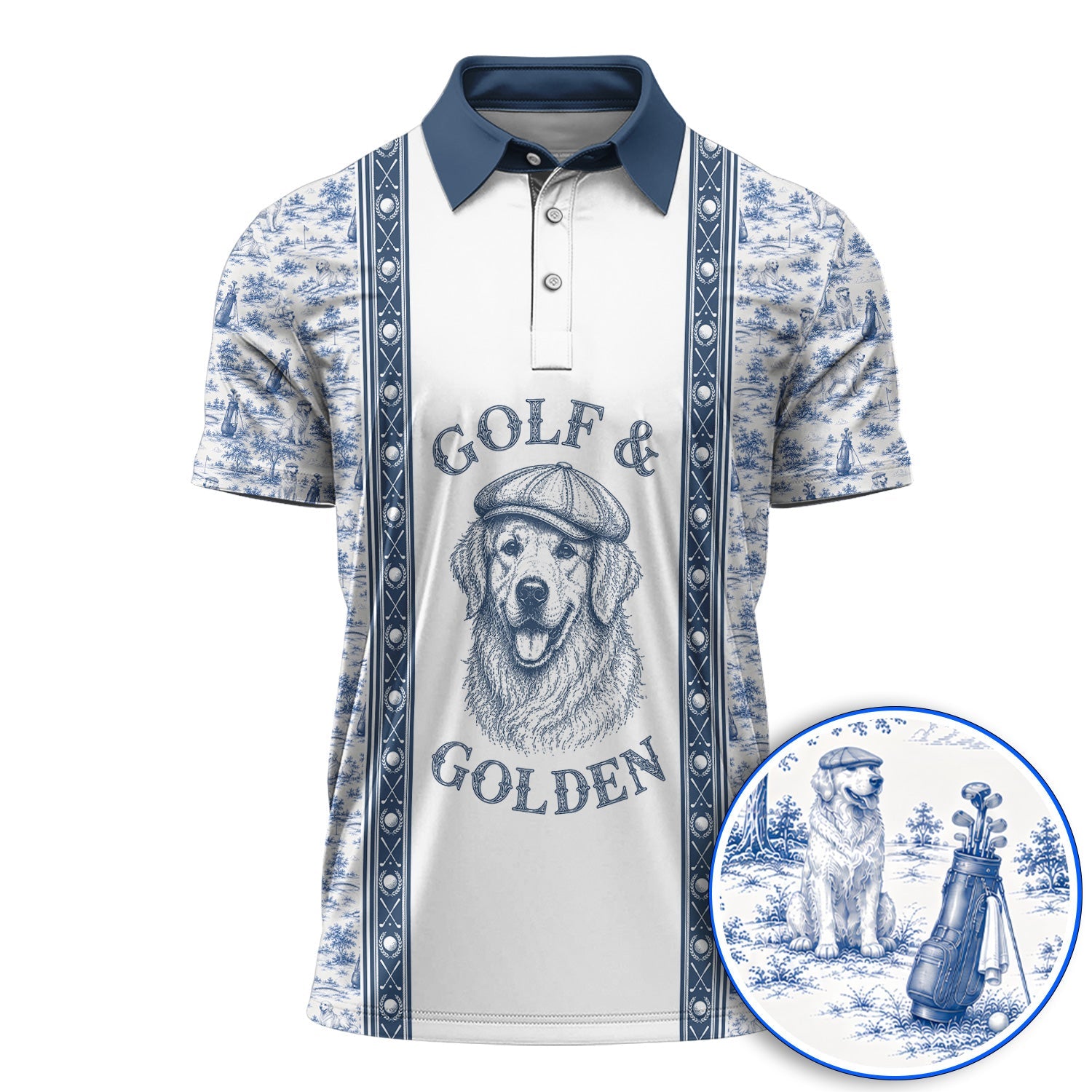 Golden Retriever Golf Shirt, Toile De Jouy Golden Pattern Golf Polos, Crazy Golf Gift For Golfer