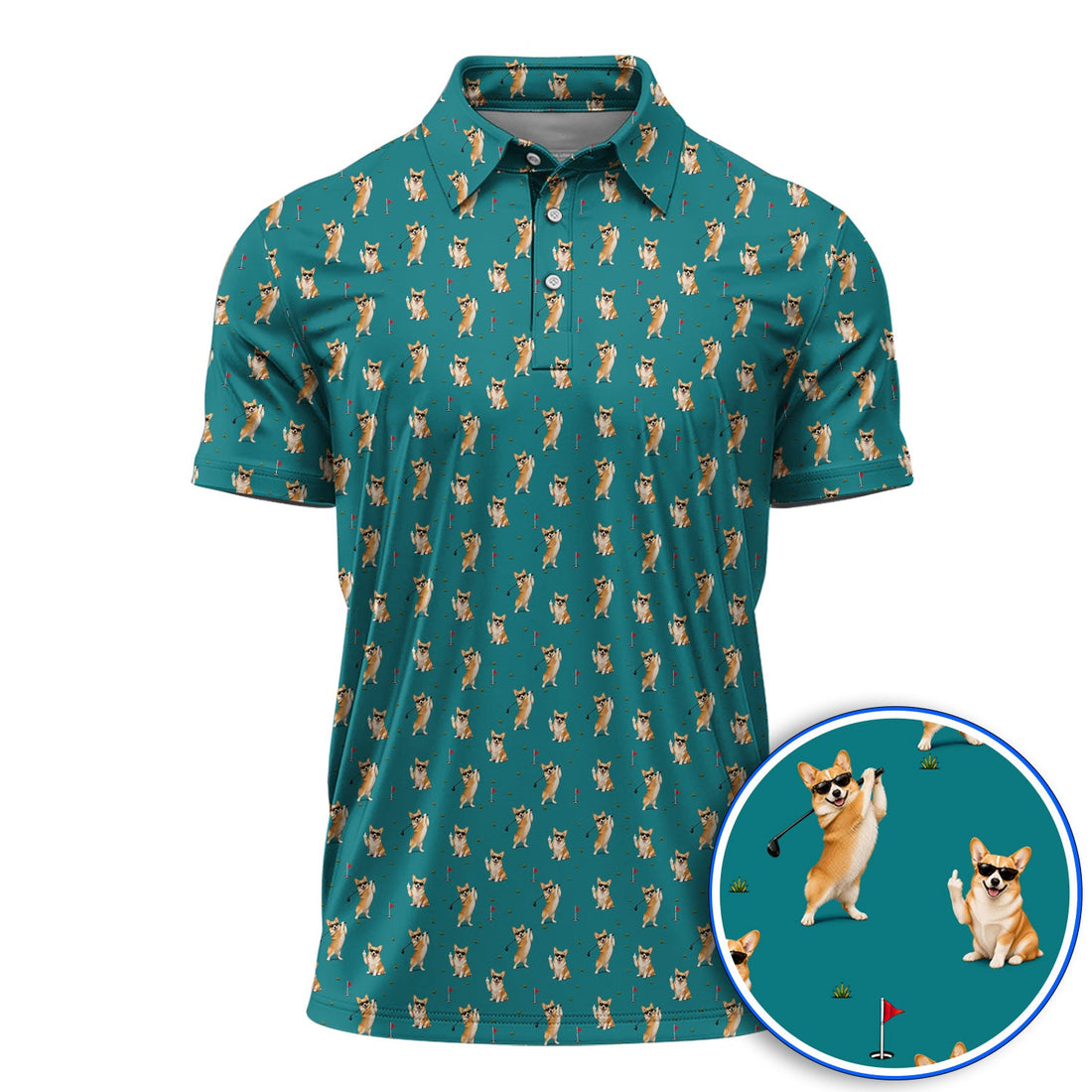 Funny Corgi Pattern Golf Polos, Pembroke Welsh Corgi Golf Shirt, Golf Gift For Golfer