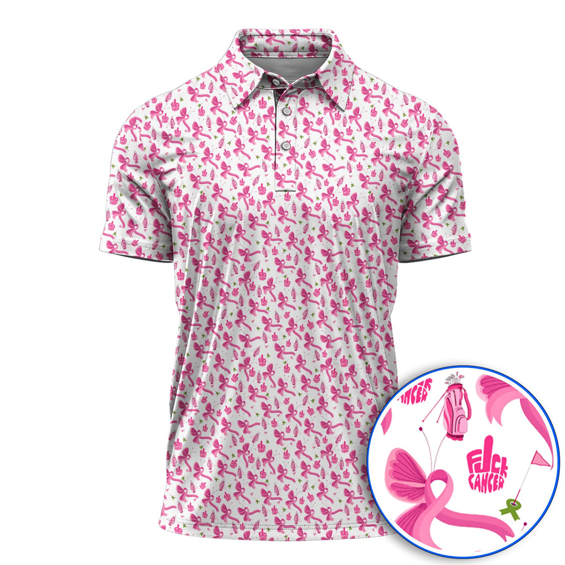 Fight With Every Swing Breast Cancer Awareness Golf Polos, Pink Ribbon & Golf Pattern Shirt, Support Gift for Golfers
