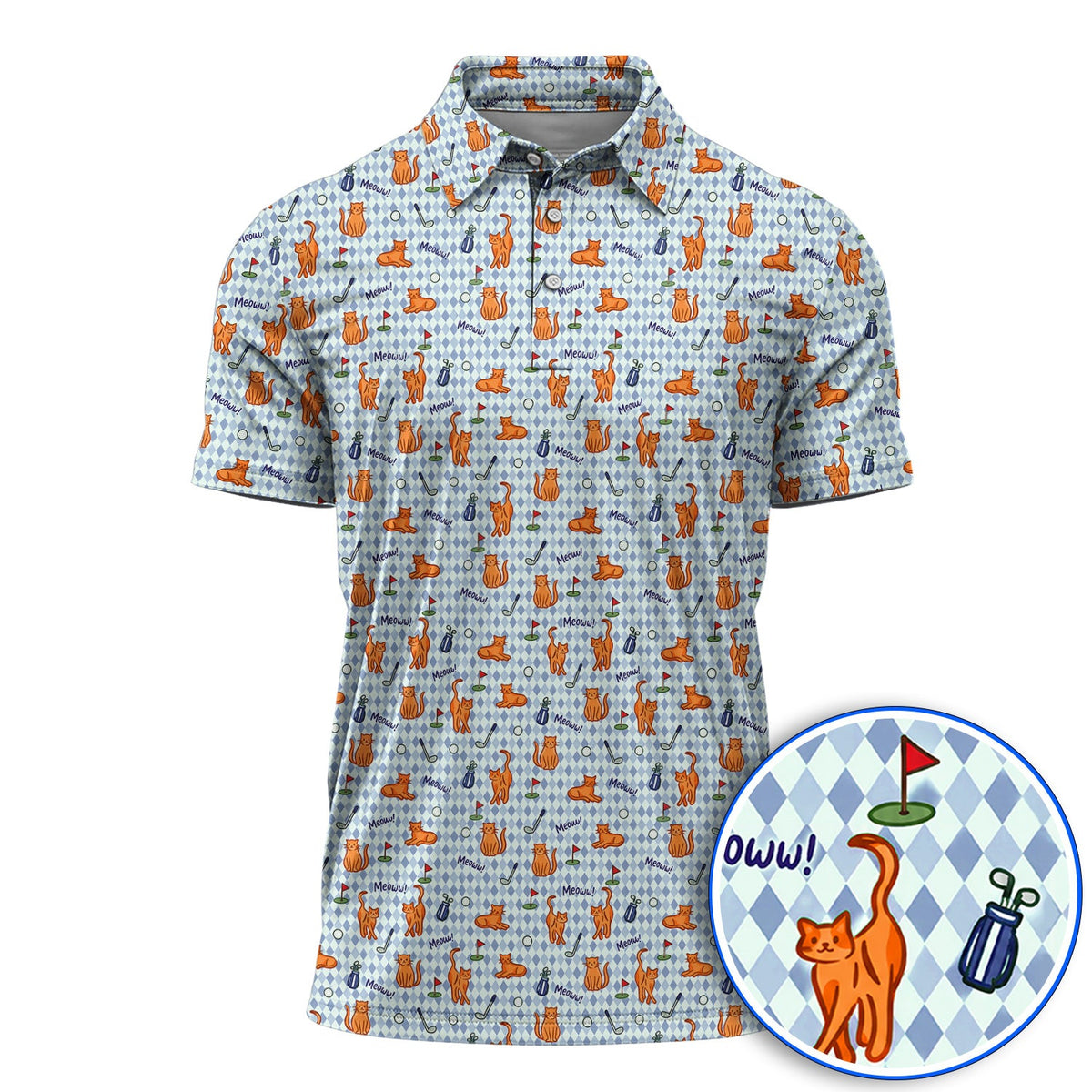 Cute Orange Cat Golf Shirt, Meow Cat And Golf Pattern Polos, Funny Cat Golf Gift For Golfer