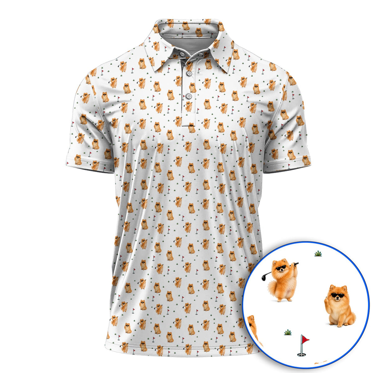 Golden Pomeranian Pattern Golf Polos, Cute Pomeranian Dog Golf Shirt, Golf Gift For Golfer