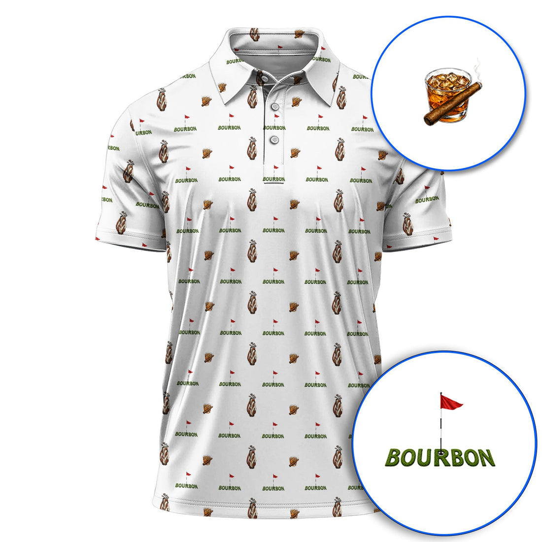 Bourbon & Cigar Golf Shirt, Whiskey Golf Pattern Polos, Funny Bourbon Gift For Golfers