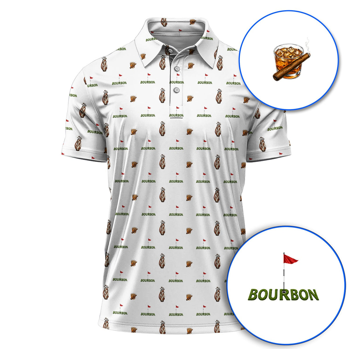 Bourbon & Cigar Golf Shirt, Whiskey Golf Pattern Polos, Funny Bourbon Gift For Golfers