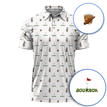 Bourbon & Cigar Golf Shirt, Whiskey Golf Pattern Polos, Funny Bourbon Gift For Golfers