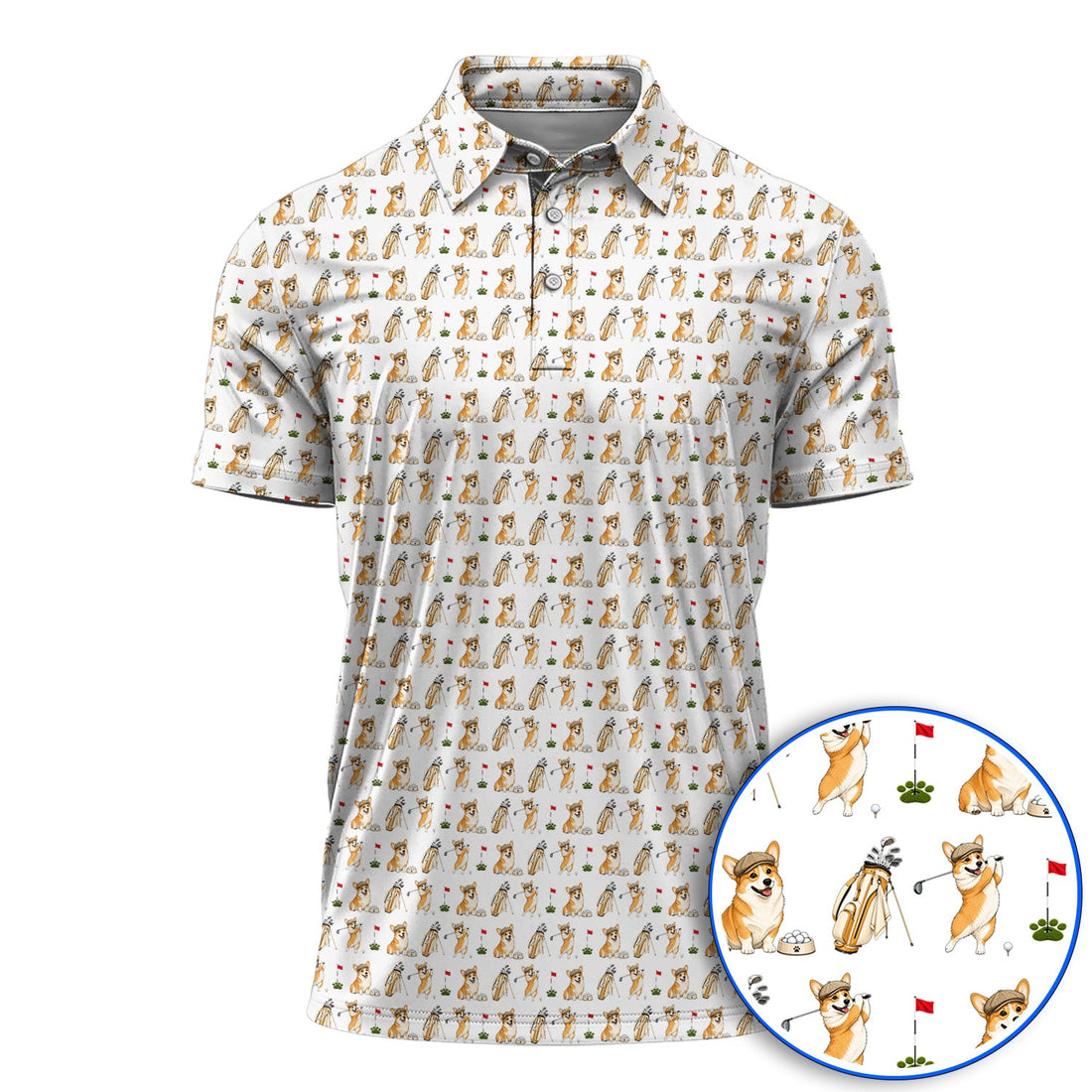 Funny Corgi Golf Shirt, Corgi Pattern Golf Polos, Dog Lover Golf Gift