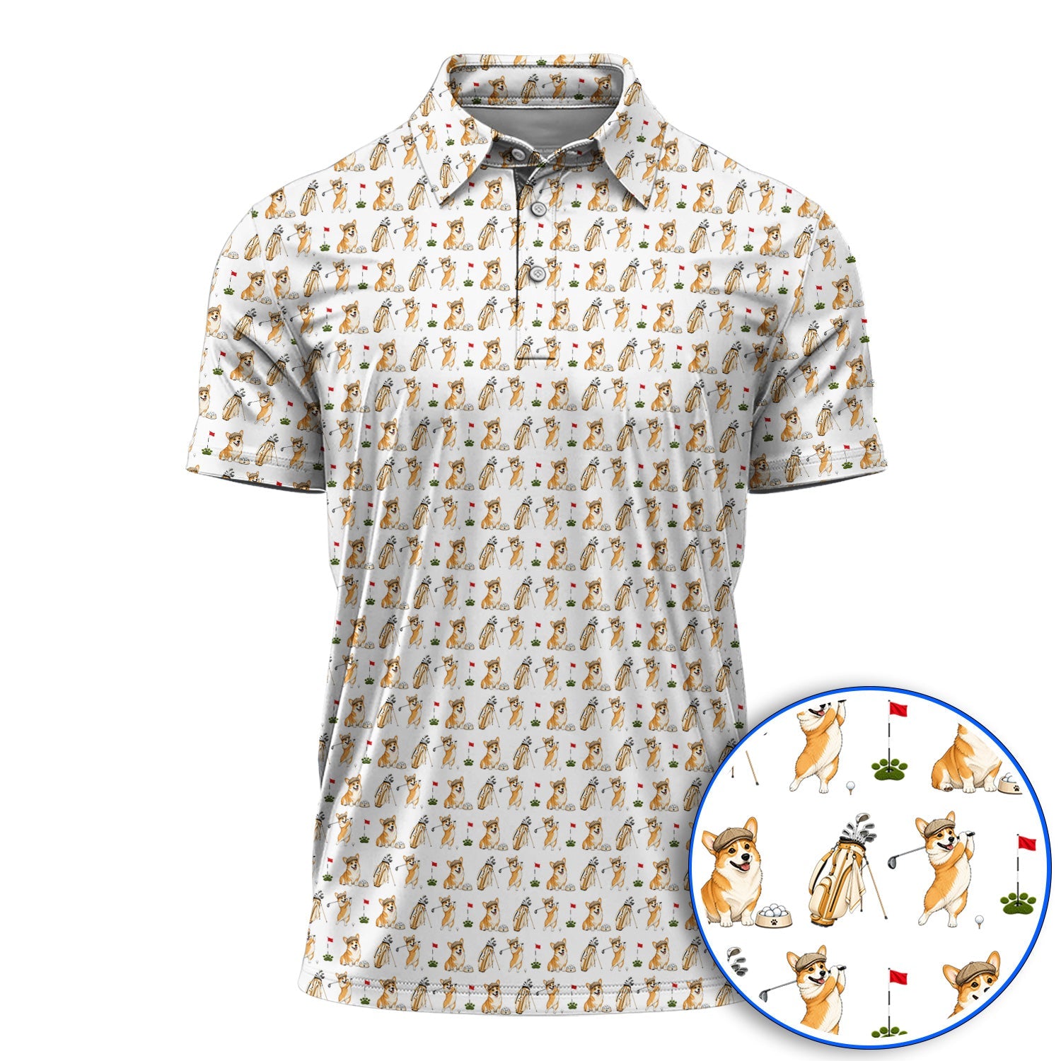 Funny Corgi Golf Shirt, Corgi Pattern Golf Polos, Dog Lover Golf Gift