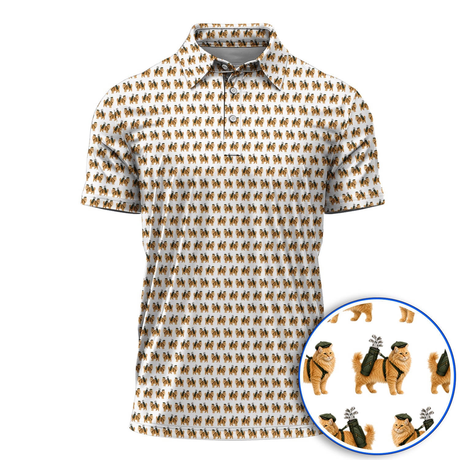 Ginger Long Hair Cat Golf Polos, Cute Orange Cat Pattern Golf Shirt for Cat Lovers, Golf Gift for Long Haired Cat Owners