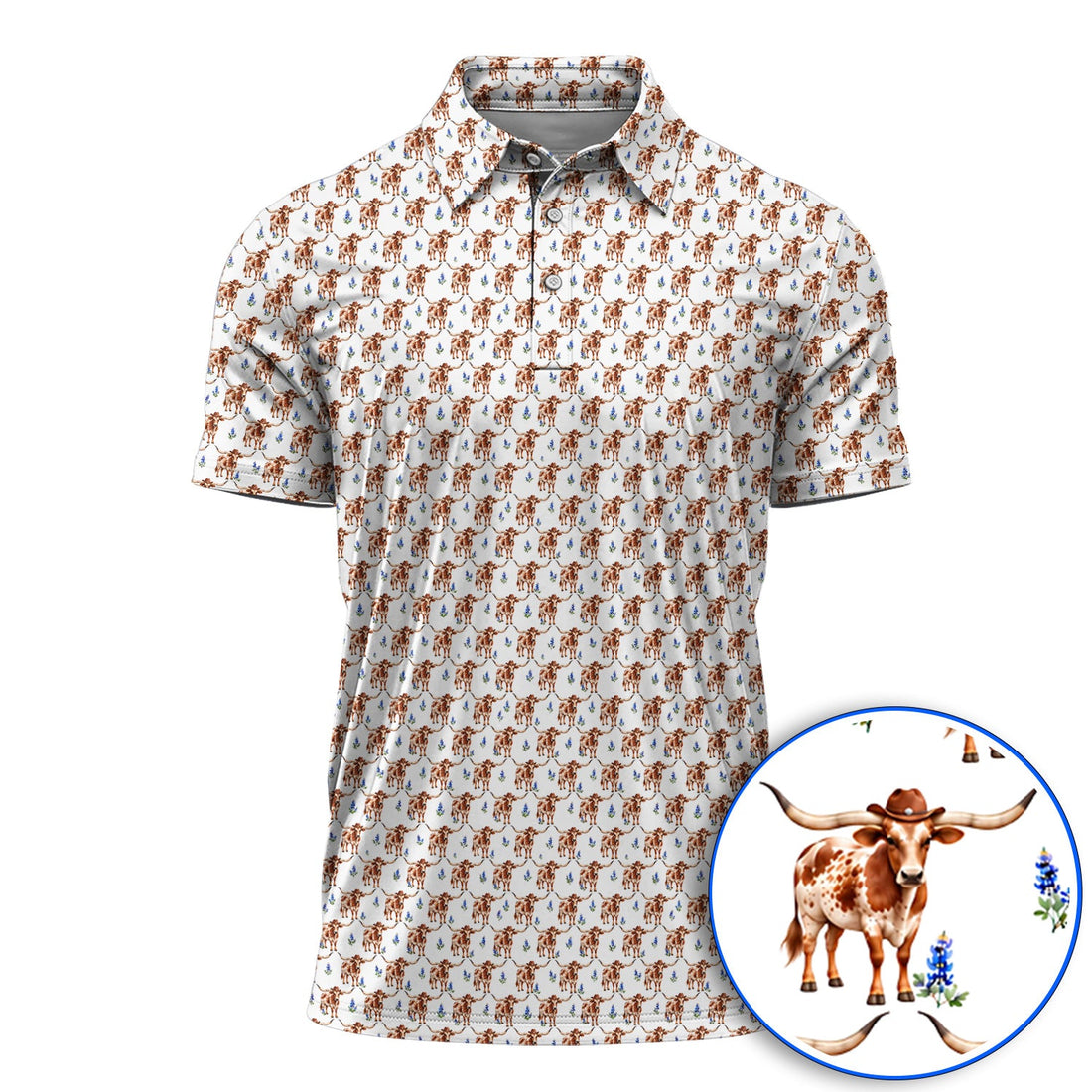 Crazy Texas Golf Shirt, Western Cowboy Longhorn Patatern Golf Polos, Texas Bluebonnet Golf Gift For Golfers