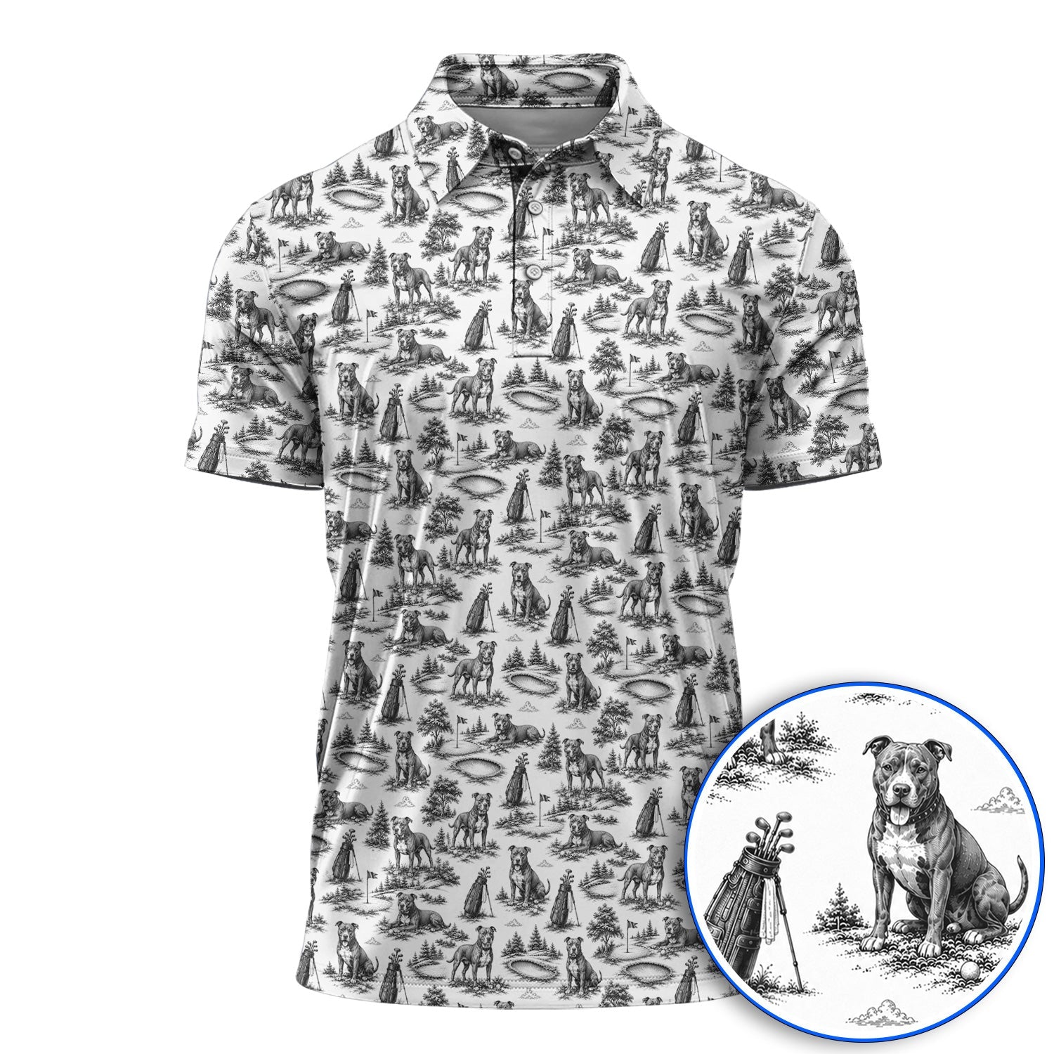Crazy Pit Bull Golf Polos For Golfer, Toile de Jouy Pit Bull Pattern Golf Shirt, Dog Lover Golf Gift