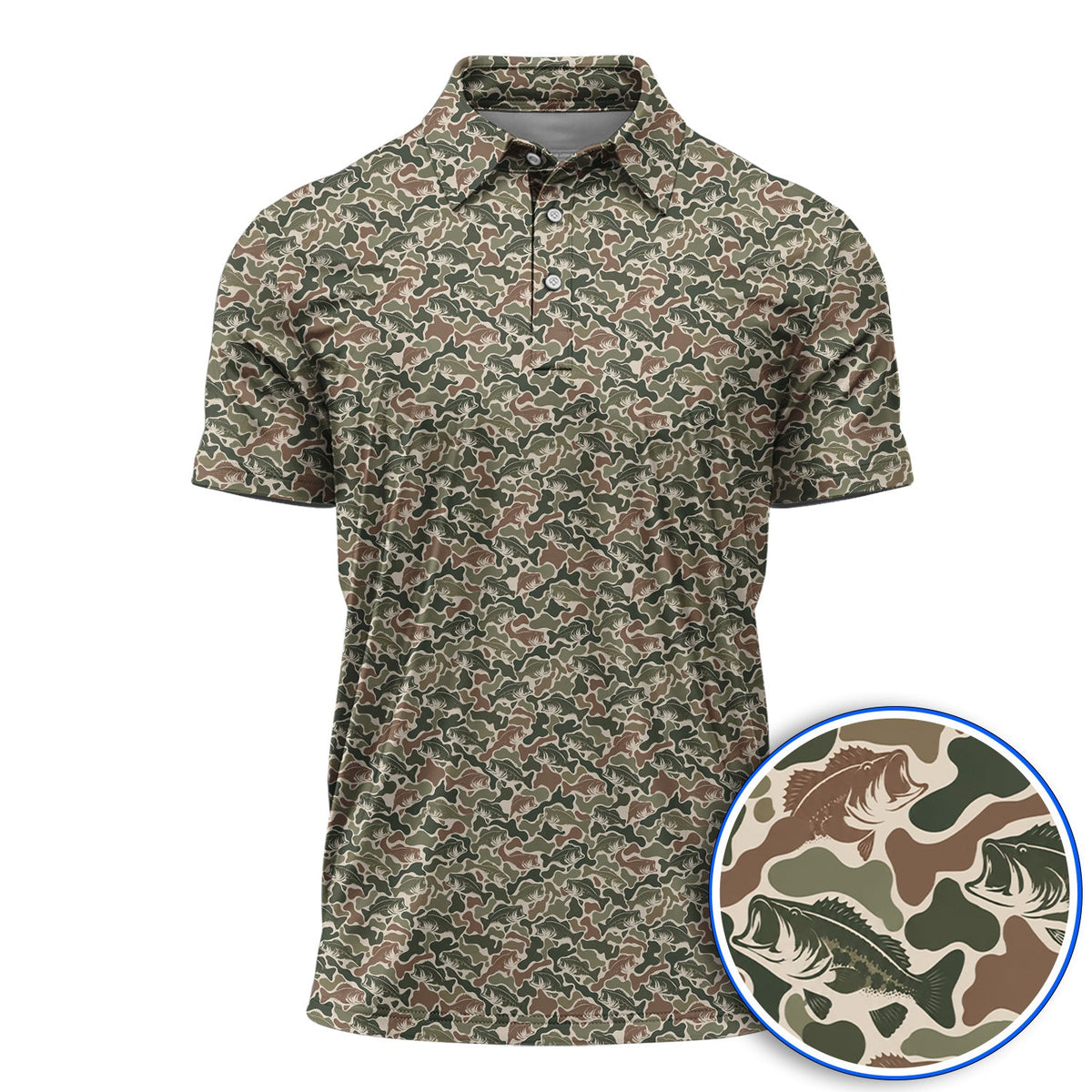Bass Fishing Camo Pattern Golf Polos, Largemouth Bass Camouflage Golf Shirt, Golf Gift For Golfers