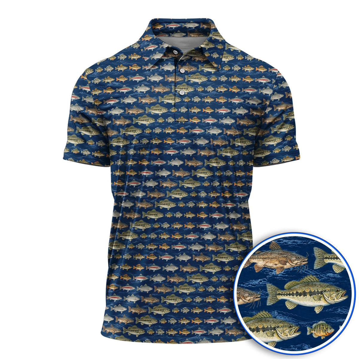 Freshwater Fishing Pattern Golf Shirt, Bass Trout Catfish & Perch Golf Polos, Fishing Gift For Golfer