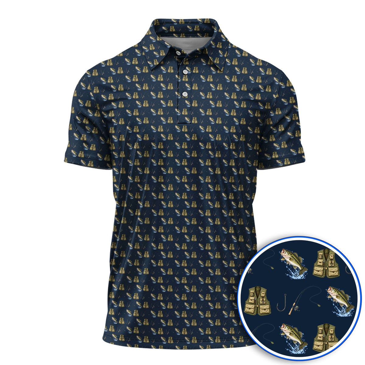 Bass Fishing Golf Polos, Largemouth Bass & Fishing Gear Pattern Golf Shirt , Crazy Golf Gift For Golfers
