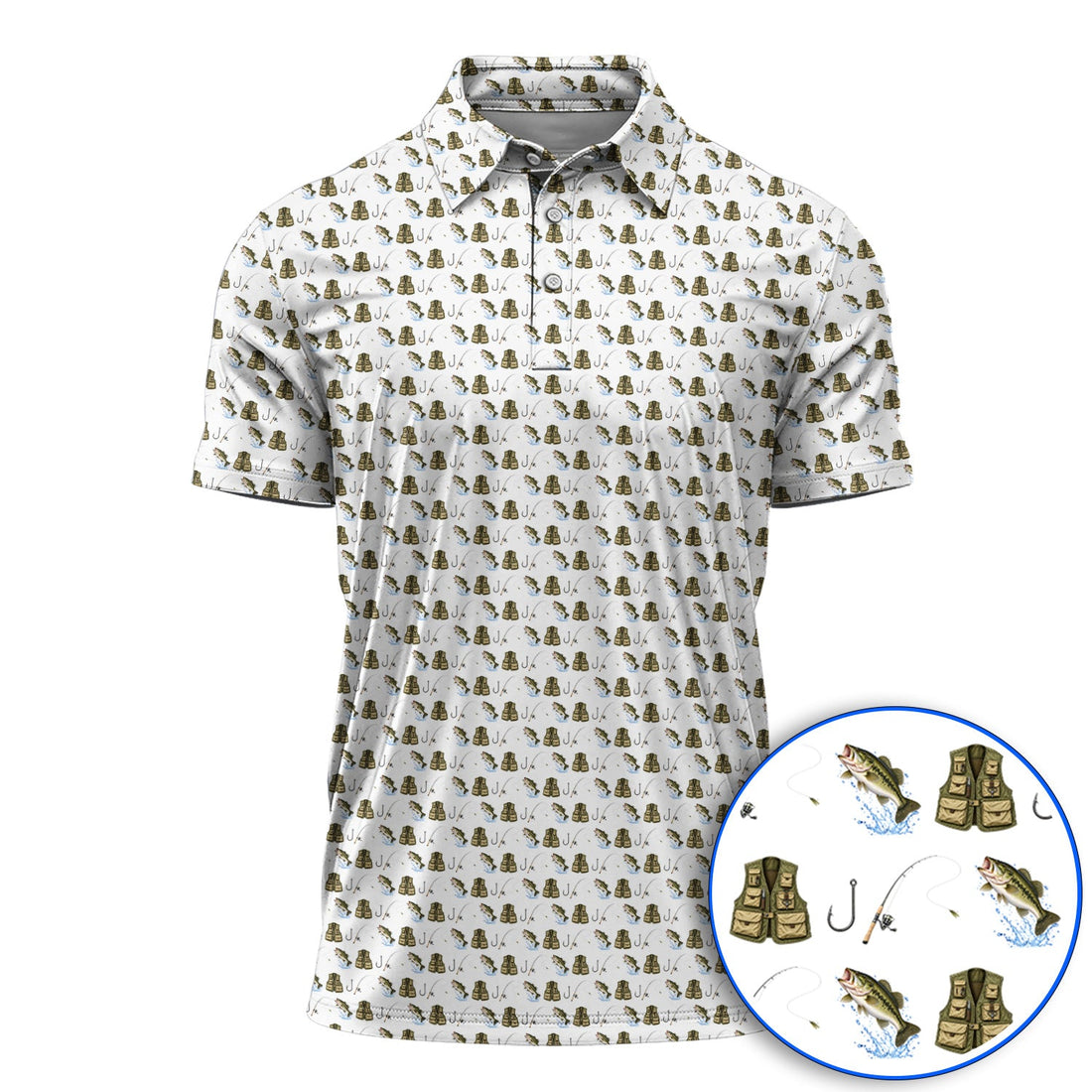 Bass Fishing Golf Polos, Largemouth Bass & Fishing Gear Pattern Golf Shirt , Crazy Golf Gift For Golfers