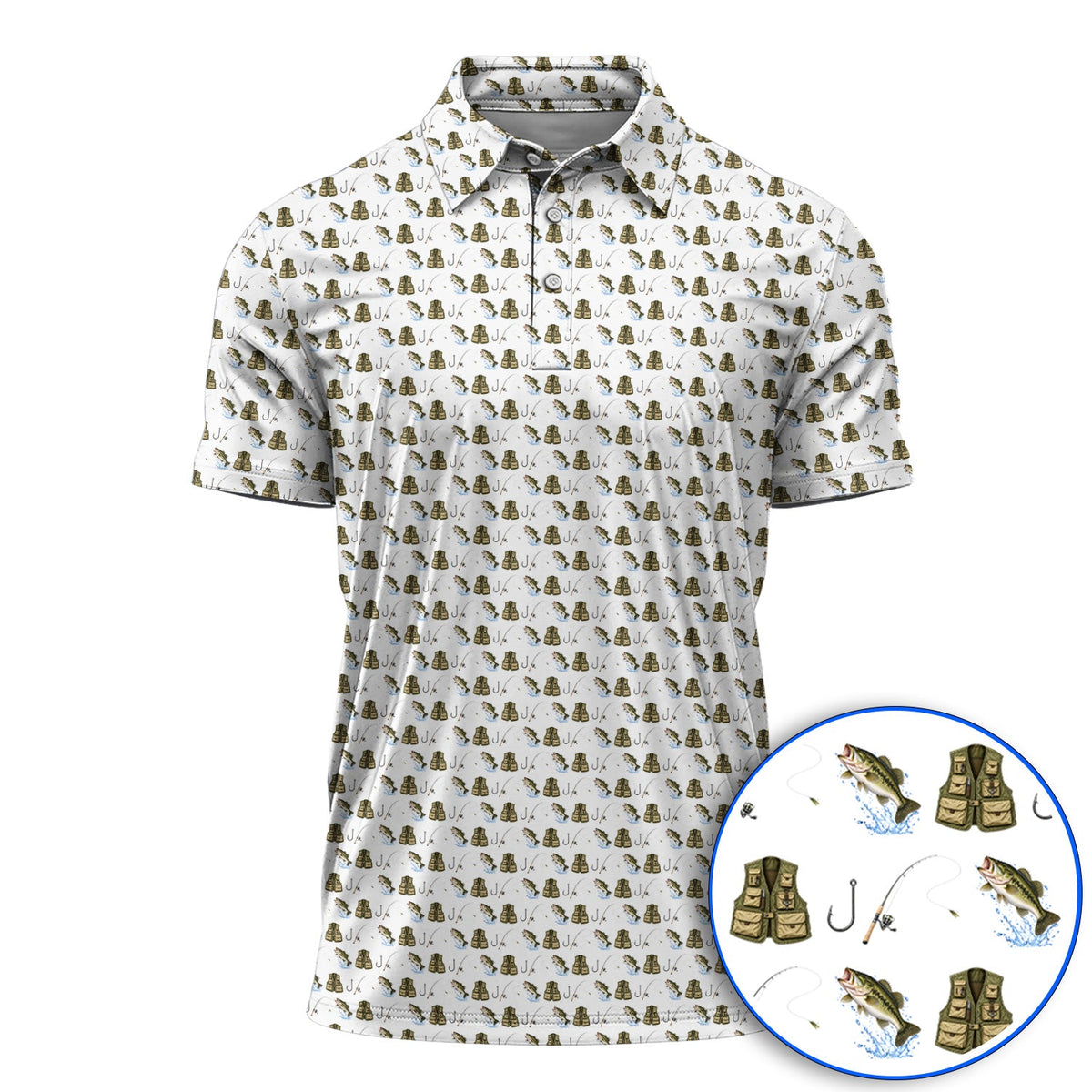 Bass Fishing Golf Polos, Largemouth Bass & Fishing Gear Pattern Golf Shirt , Crazy Golf Gift For Golfers