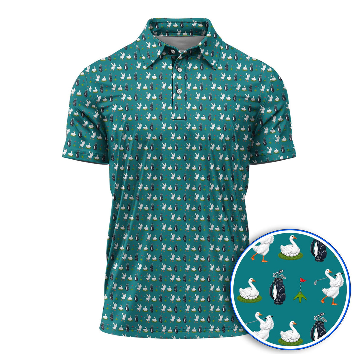 Funny Goose Golf Polos, Teal Goose & Golf Pattern Shirt, Golf Apparel Gift For Golfer