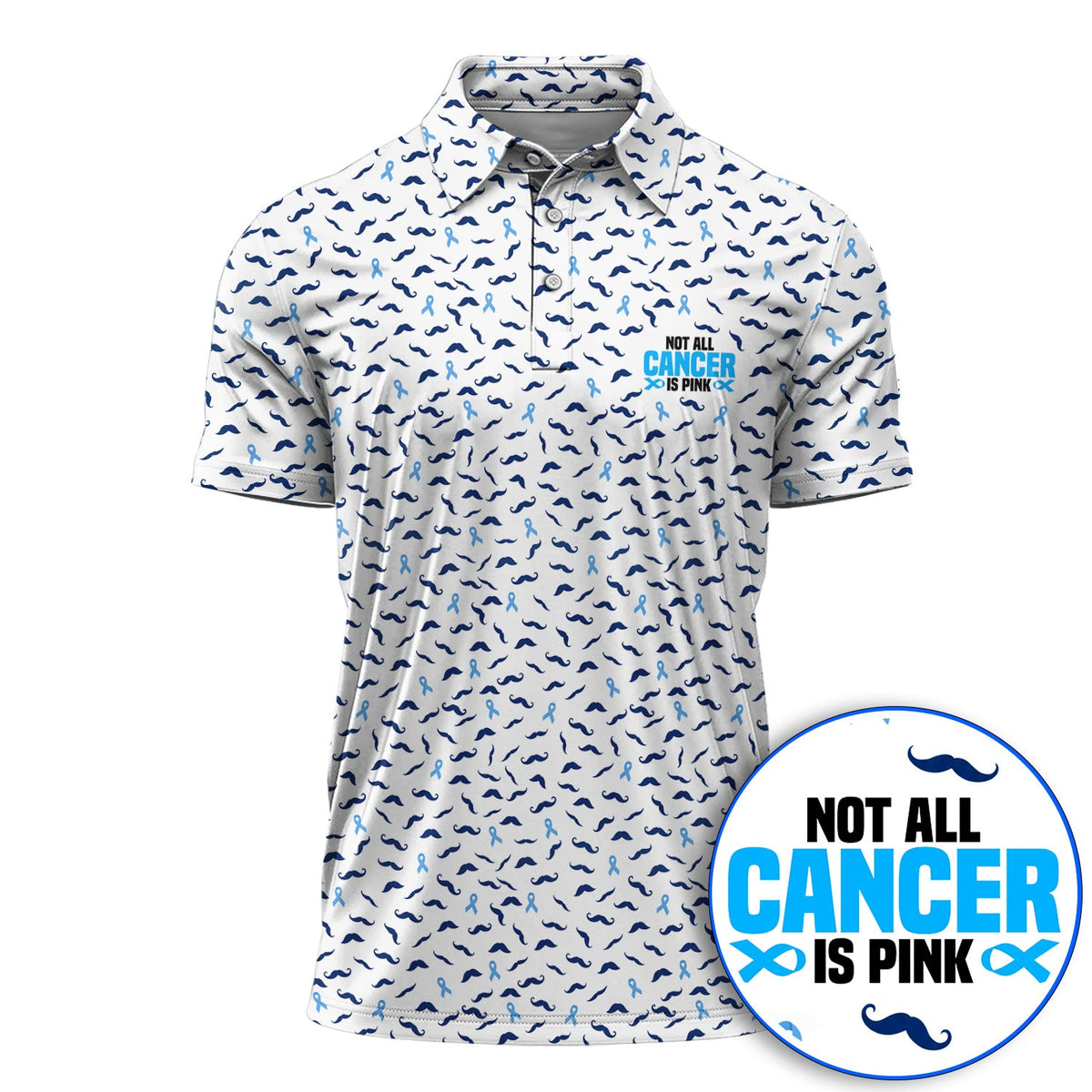 Prostate Cancer Awareness Golf Shirt, Blue Ribbon Mustache Pattern Golf Polos, Support Gift for Golfers
