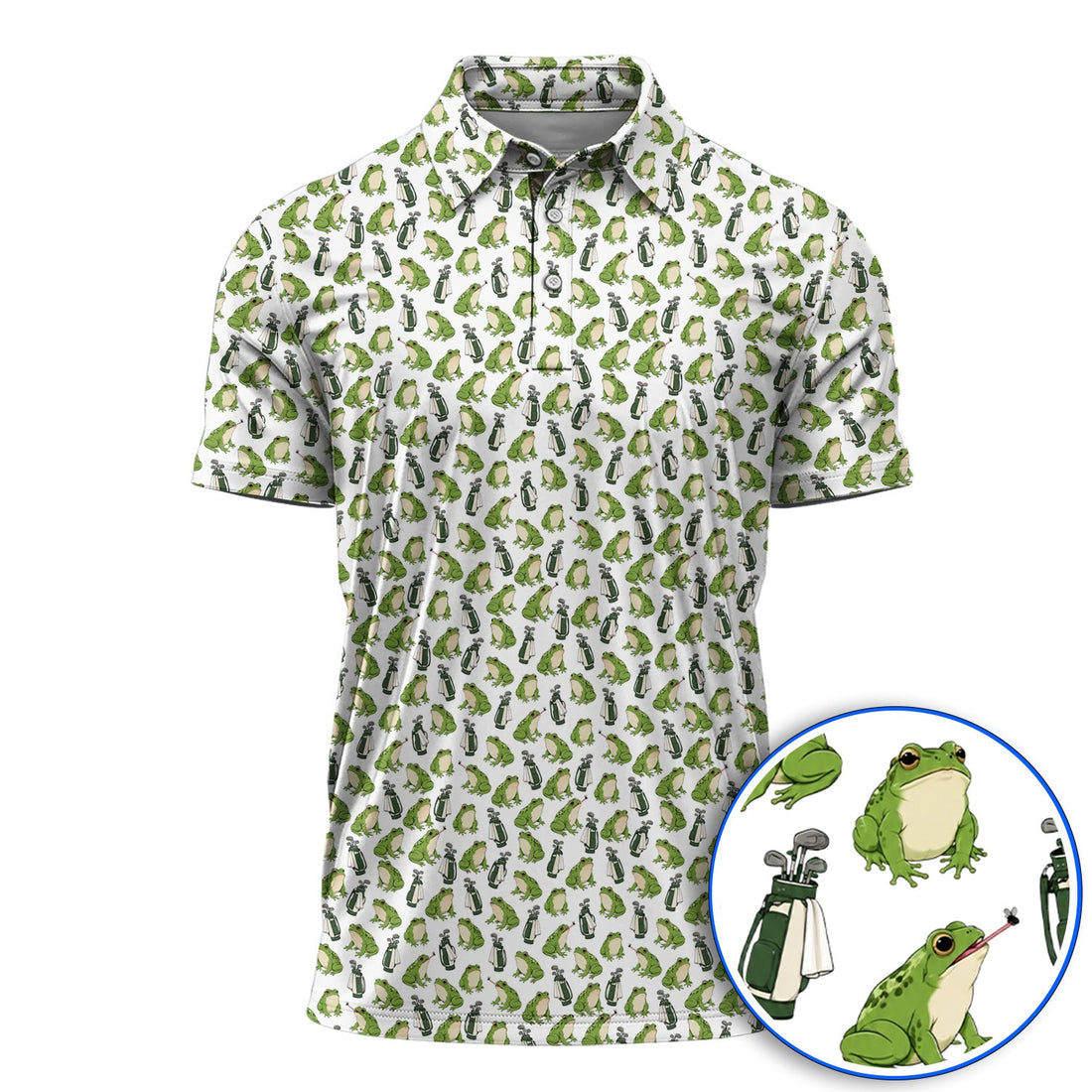 Cute Frog Golf Polos, Playful Frog & Golf Bag Pattern Shirt, Funny Golf Gift For Frog Lovers
