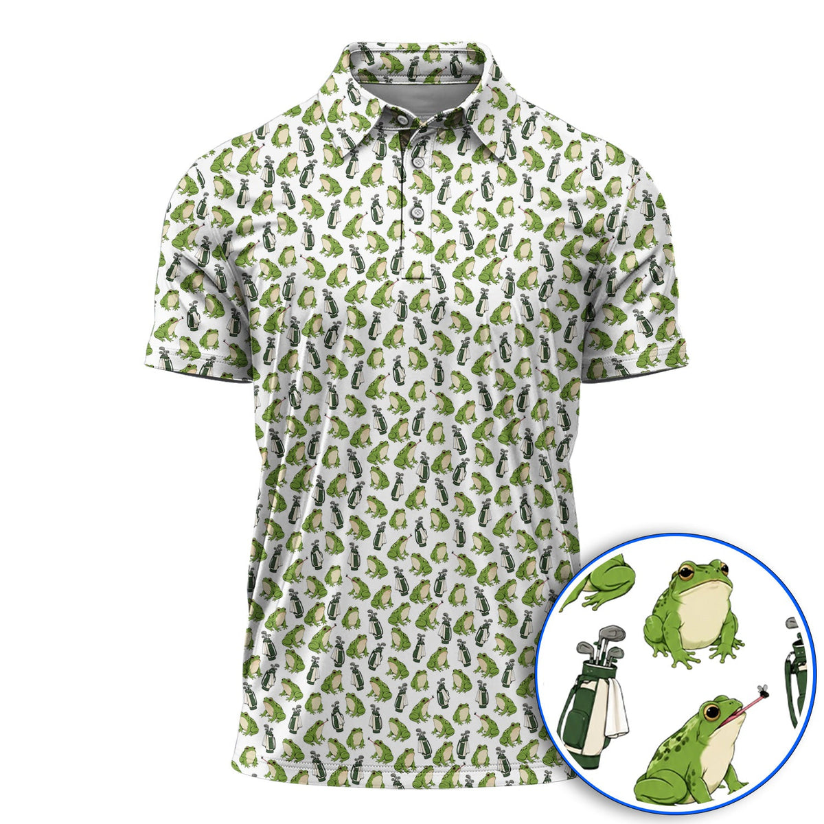 Cute Frog Golf Polos, Playful Frog & Golf Bag Pattern Shirt, Funny Golf Gift For Frog Lovers