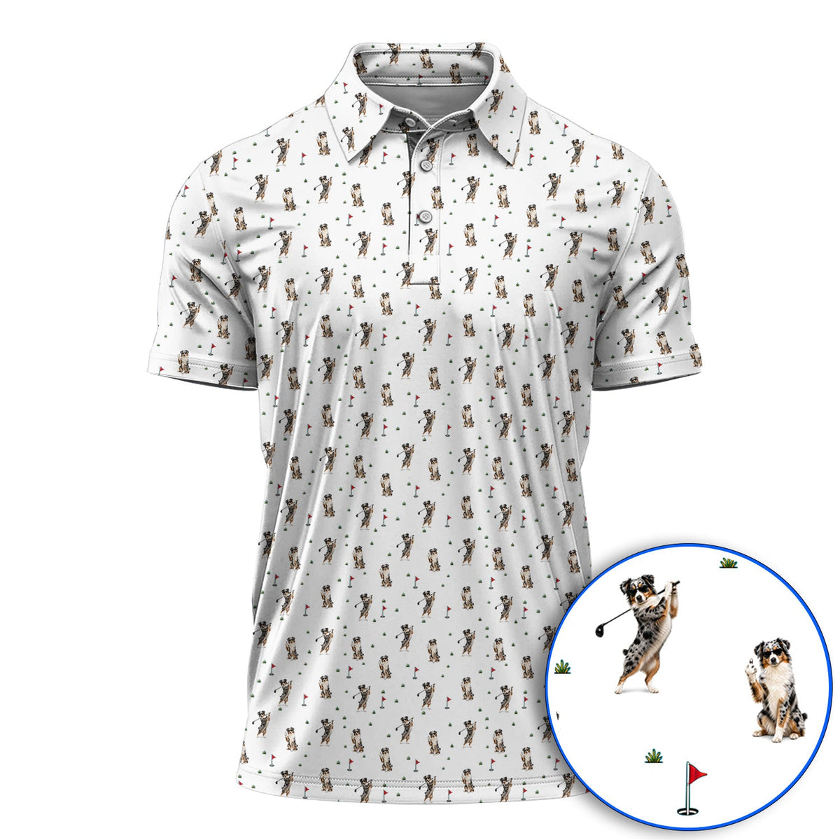 Australian Shepherd Golf Polos, Blue Merle Aussie Pattern Golf Shirt, Golf Gift For Golfer