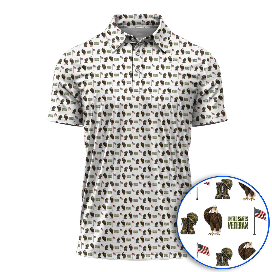 United States Veteran Pattern Golf Shirt, American Eagle & Military Tribute Golf Polos, Patriotic USA Veteran Gift for Golfers